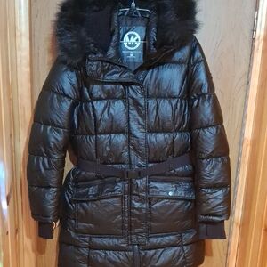 Michael Kors Shiny Black Puffer Jacket with Fur Trim